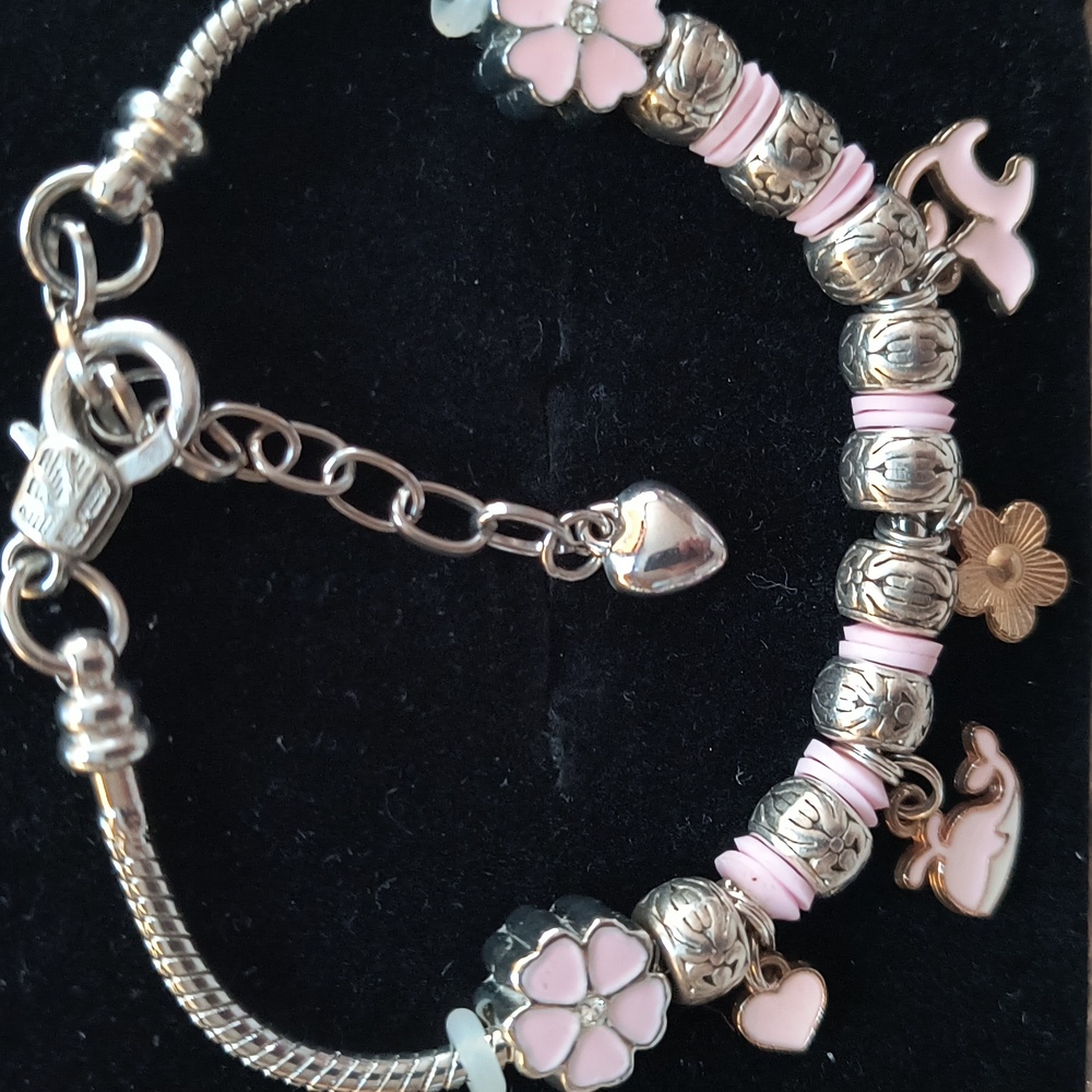 Pink Silver Tone Charm Bracelet 7.5" Whale Cat - Picture 2 of 3